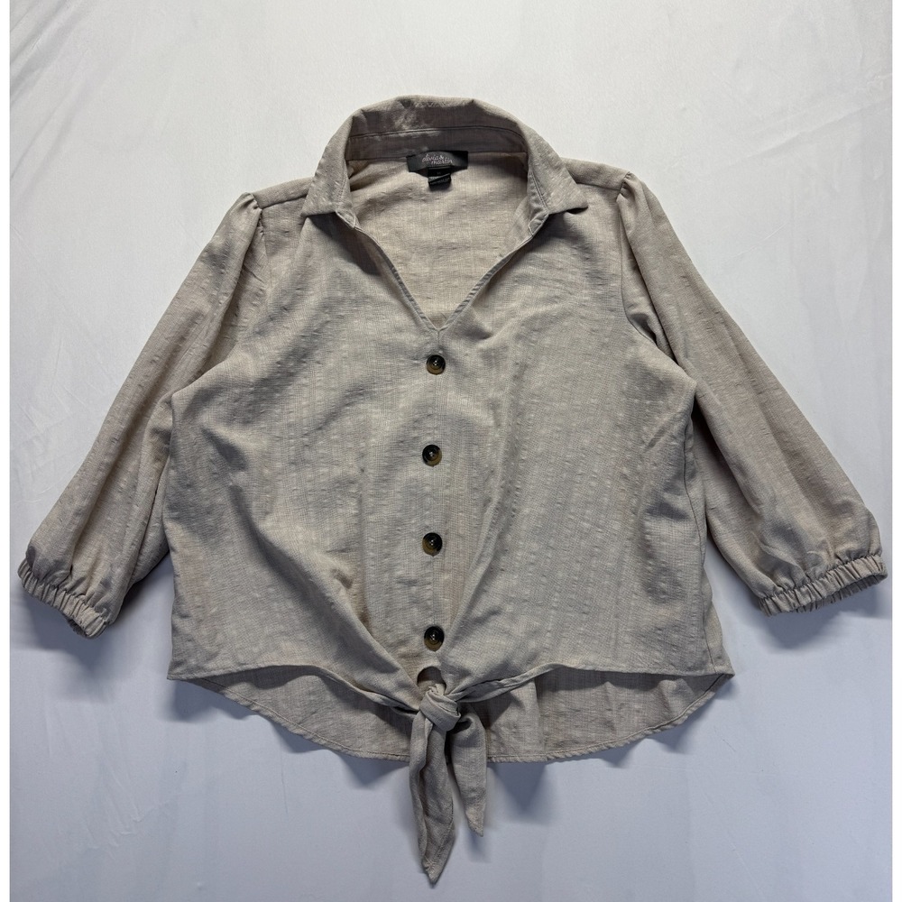 Olivia & Martin Blouse Top Women XL Gray Textured Knotted Hem V Neck Puff Sleeve
